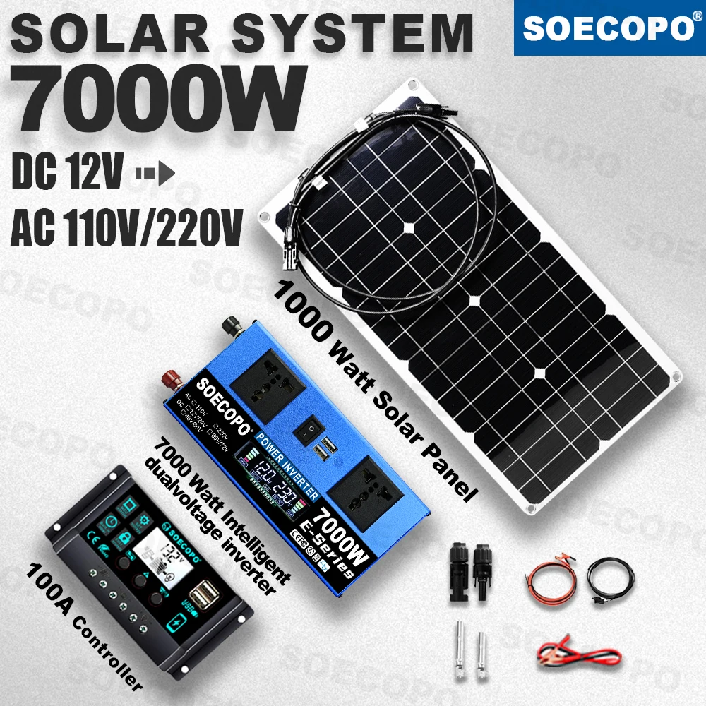7000W Peak Solar System Kit 1000W Panel DC12V24V AC110V/220V Inverter 100A Controller Complete Off Grid For Camp Home Charger
