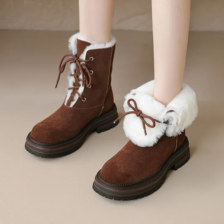 Fashion Brown Suede Women Winter Boots Platform Warm Short Snow Botas Lace Up Lamb Wool Botines Femmes Med Heels Chaussure Mujer