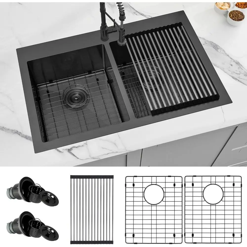 

Черная кухонная мойка из нержавеющей стали, 33 дюйма X 22 дюйма, 50/50, кухонные мойки с двойной чашей, верхнее крепление/подвесная двойная раковина, 16 калибра, нержавеющая сталь St