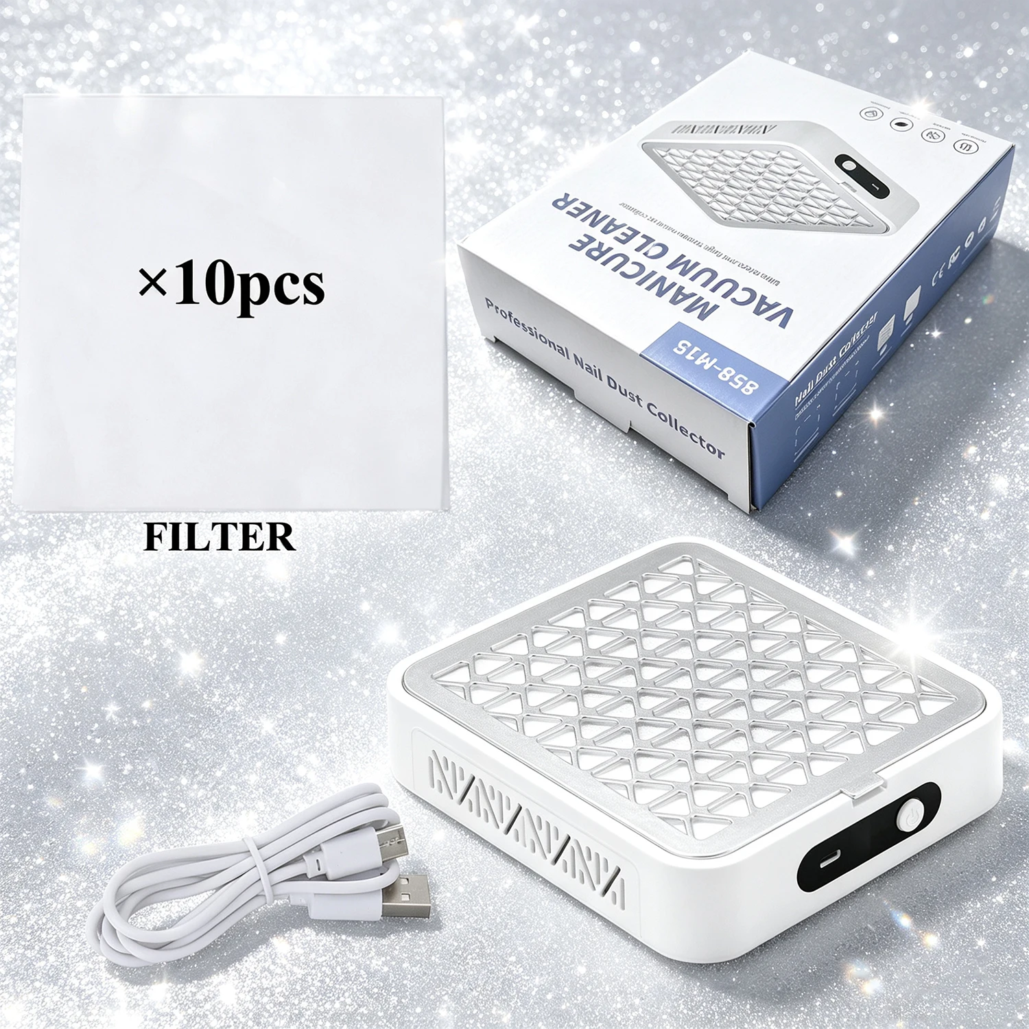 New Nail Dust Collector Professional with Rhinestones Low Noise Strong Suction Nail Vacuum Cleaner for Manicure with Removable Filter Paper , Ideal for Acrylic Nail Salon Tools
