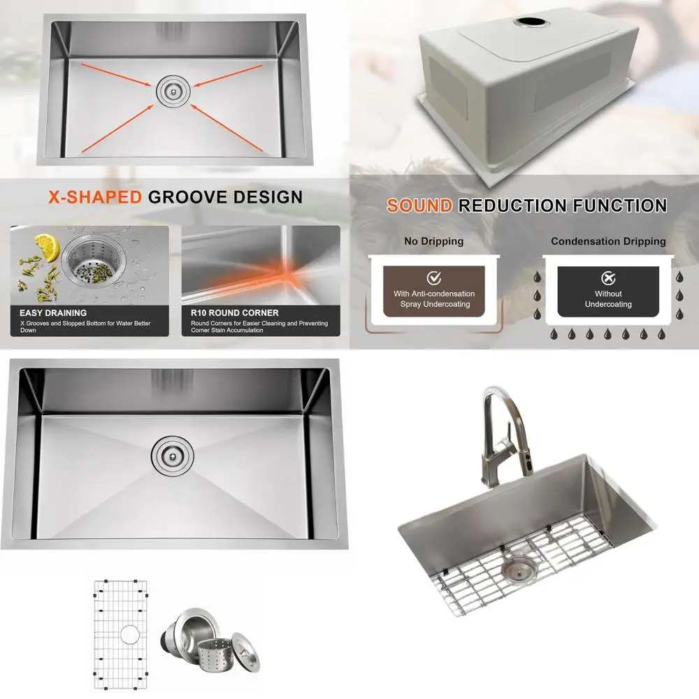 

30 Inch Single Bowl Undermount Stainless Steel 16 Gauge Deep Kitchen Sink with Strainer and Grid