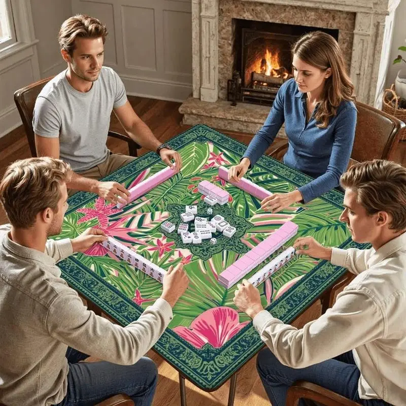 VIKAMA Green Tropical Leaf Mahjong Mat Anti Noise Non Slip Rubber Pad Portable Washable American Mah Jongg For Women
