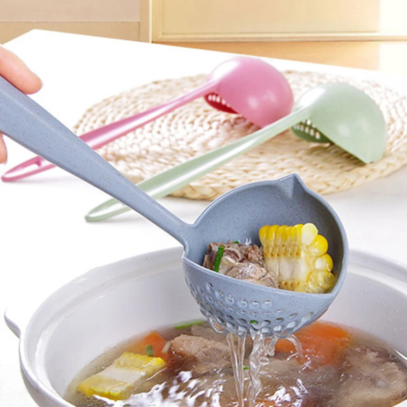 Kitchen Soup Spoon Long Handle Kitchen Strainer Solid Color Cooking Colander Kitchen Scoop Plastic Tableware Colander Hot