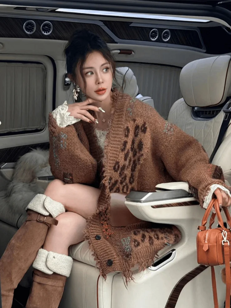 

Thiened Leopard Print Knitted Sweater Coat Women's Autumn Winter Lazy Design Mid-Length Knitted Open Cardigan for Women