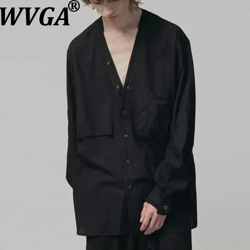 

WVGA Spring Autumn New Men's Trendy Long Sleeve Shirts Niche Chic Casual Japanese Retro Deconstructed Collarless Tops Ins W22801
