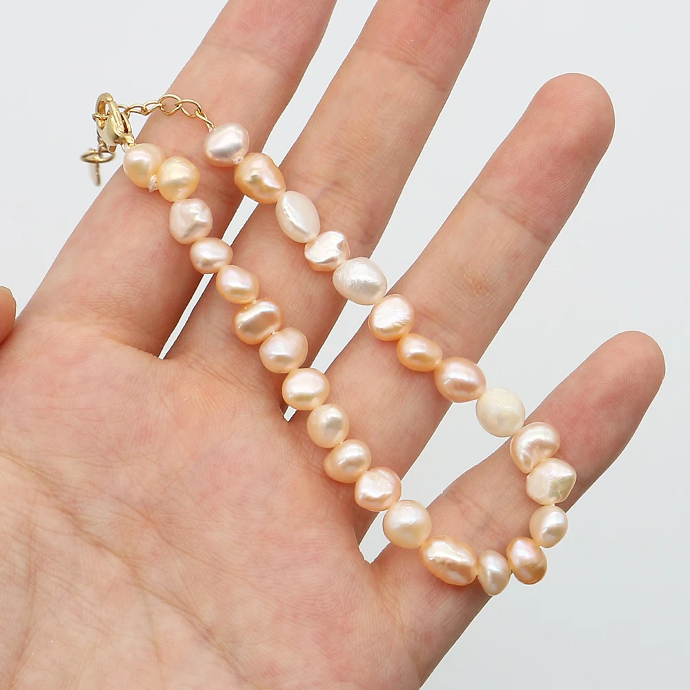 

Baroque-style Natural Freshwater Orange Pearl Bracelet With Golden Lobster Clasp And 5cm Extension Chain Jewelry Accessory 6-7mm