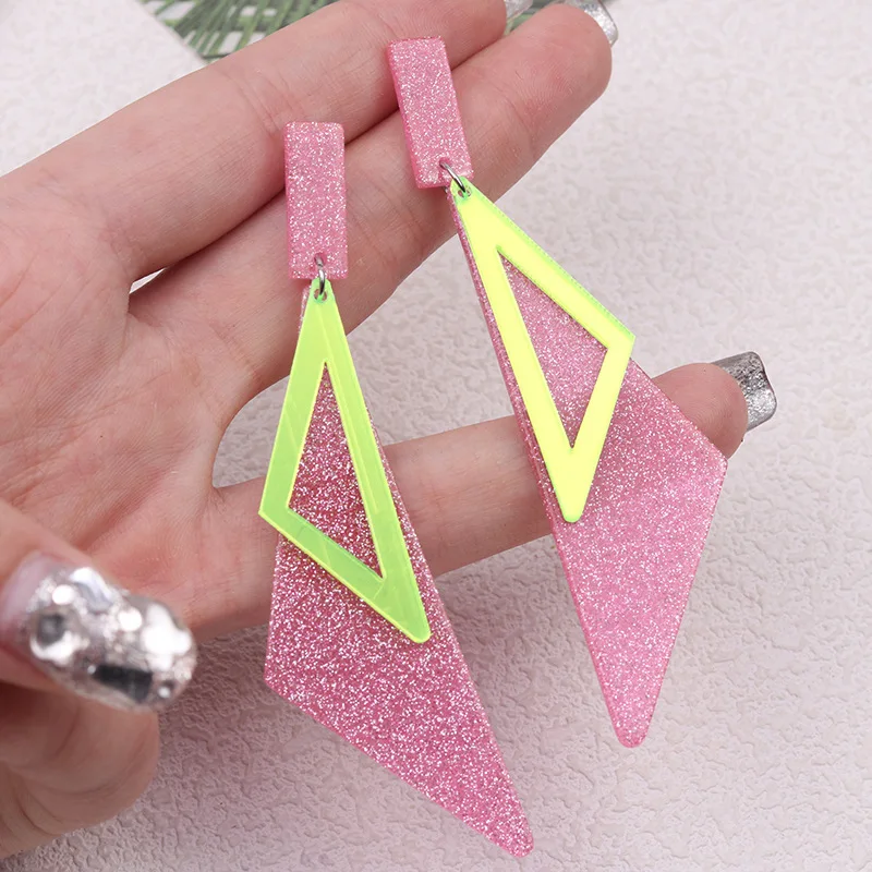 New Double Layer Long Triangle Acrylic Earrings with Fluorescent Color Simple and Personalized Fashion Earrings Decorative Gift