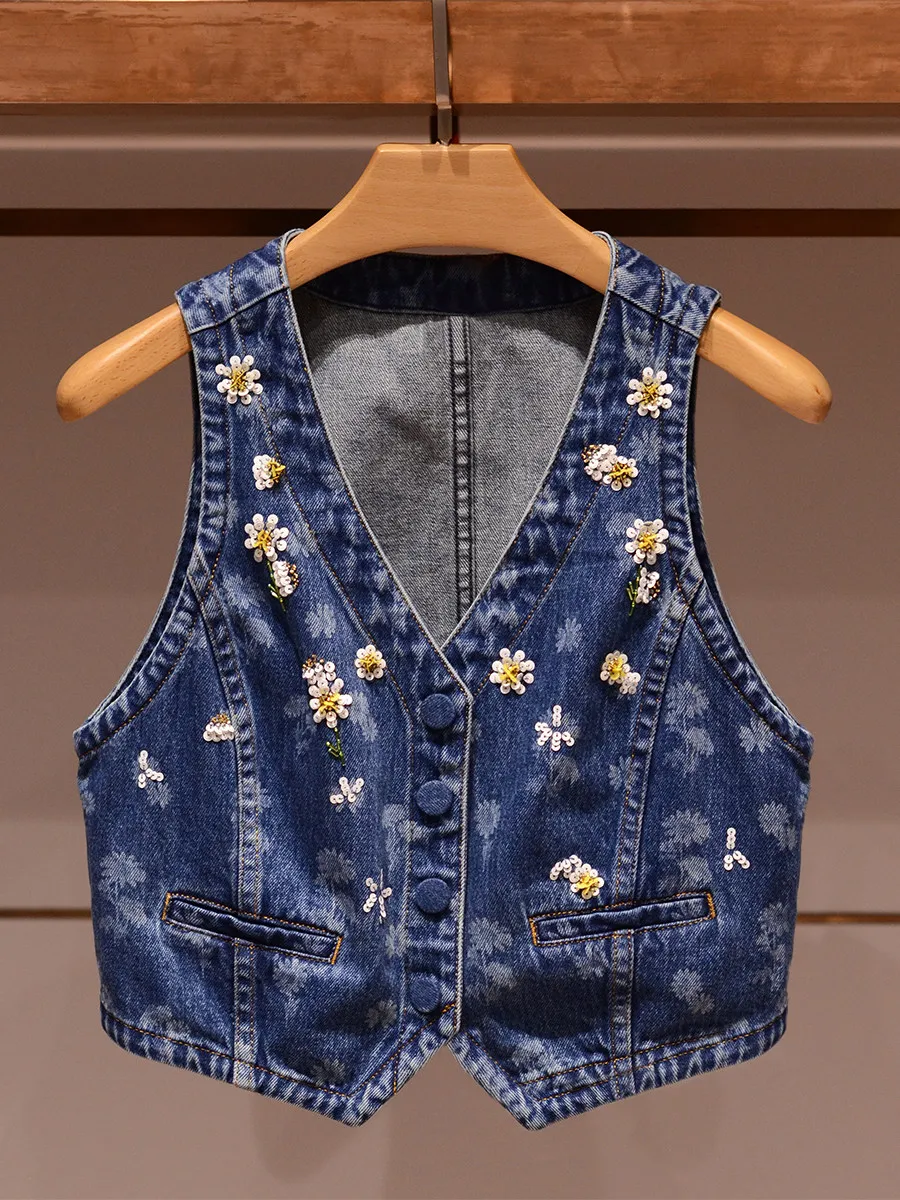 

Sli V-ne, джинсовый жилет с одной пуговицей и вышивкой ромашки, женский модный весенний жилет 2026, уникальный дышащий облегающий жилет для поездок на работу