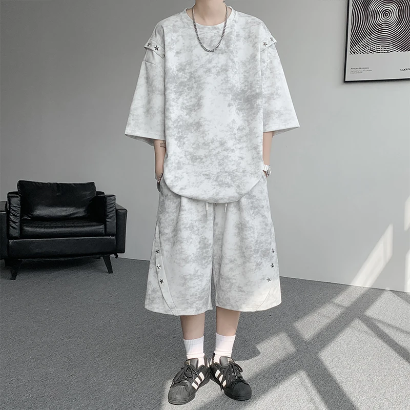Men's plus Size 5XL High Street Tie-Dye 2-Piece Set Oversized Short Sleeve T-Shirt And Elastic Waist Shorts Summer Streetwear