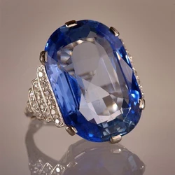 Huitan Gorgeous Big Oval Blue CZ Rings for Lady Anniversary Party Luxury Elegant Female Rings Nice Birthday Gift Fashion Jewelry