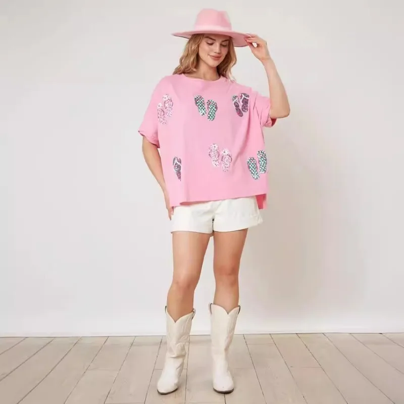 

Lobster Pattern Sequined T-shirt Women Slippers Retro Short Sleeve Tops Female Fashion Loose O-neck Tee Clothes
