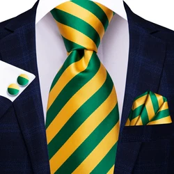 Hi-Tie Yellow Green Striped Silk Wedding Tie For Men Fashion Design Handky Cufflink Set For Men Necktie Business Party Dropship