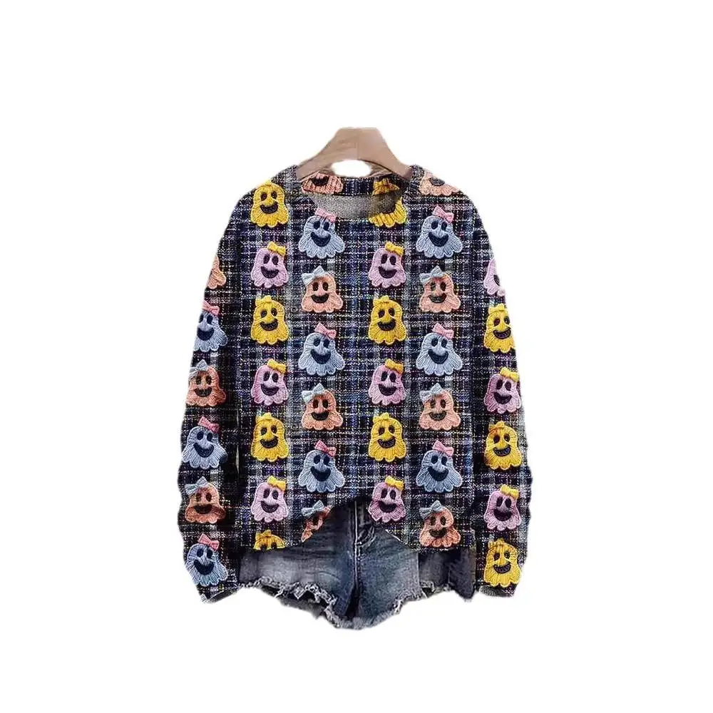 

Autumn Winter New Sle Cross-Border Women's loween 3D Digital Printing round Ne Ladies' Coat Long Sve PU Material