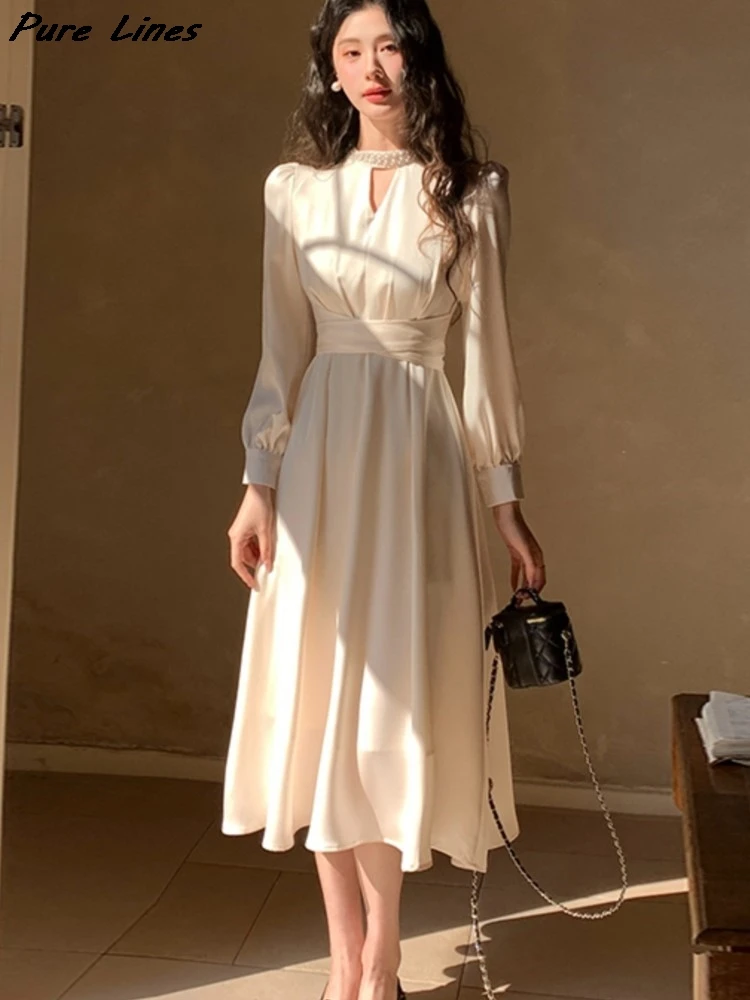 

Women Elegant French Satin Vintage Long Sleeves Midi Dress Casual Office Lady Slim Waist Lace-up Dress Korean Basics Outfits