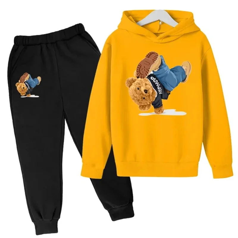 Kids Spring/Autumn/Winter Hoodie+Pants 2pcs Sets 3-14T Children\'s Street Dance Cartoon Bear Print Boys Girls Childre Tracksuits