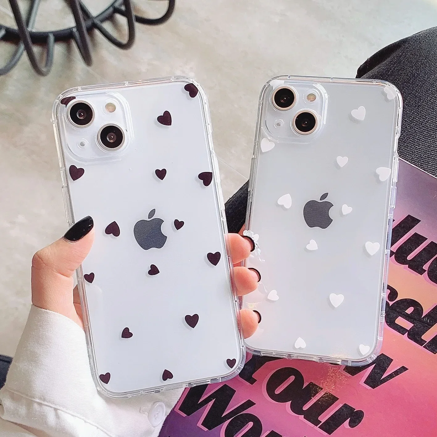 Funda de teléfono para iPhone 16, 15, 14, 13, 12, 11 Pro Max, Mini, 7, 8 Plus, SE, transparente, Simple, corazón de amor, TPU suave para iPhone 13,