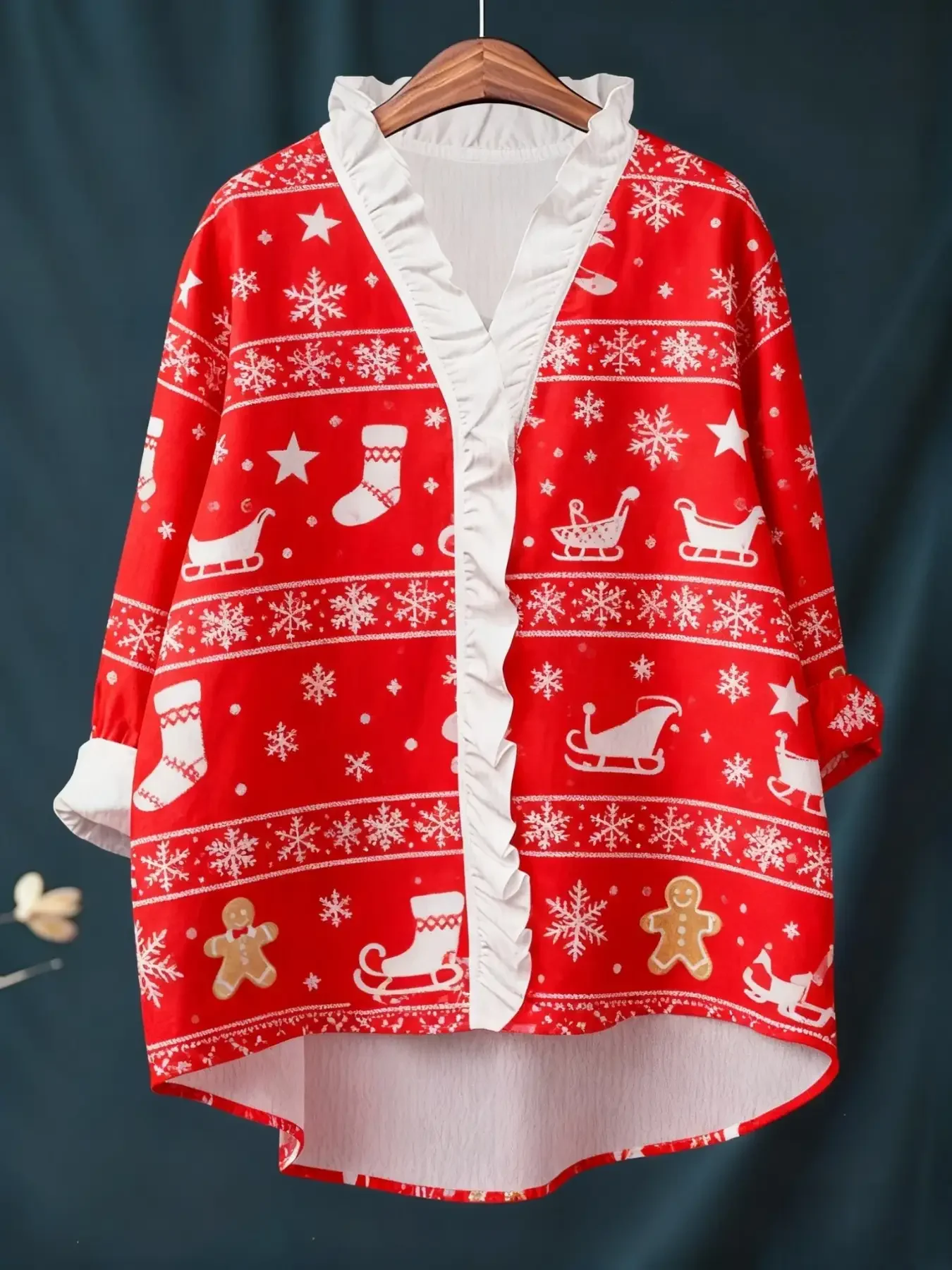 New ladies' Christmas digital printed long sleeved shirt with ruffled collar, Holiday fashion, elegant style,