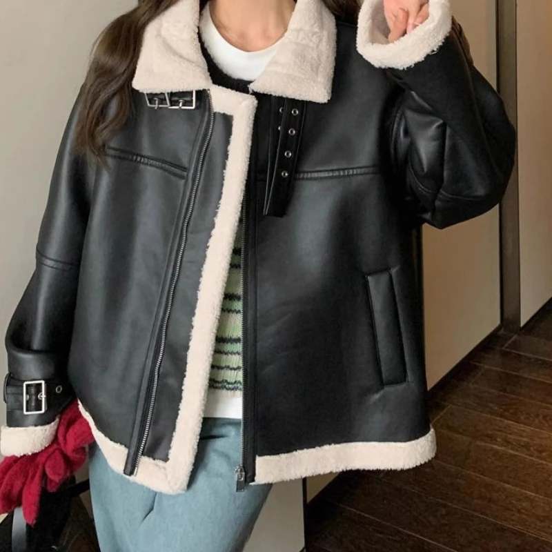 2025 블랙 가을 겨울 인조 모피 가죽 재킷 두꺼운 신상 바이커 코트 양털 겨울 루즈 재킷