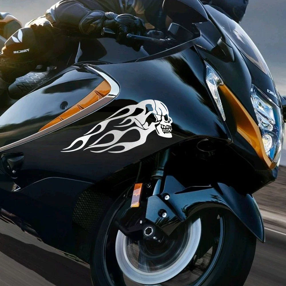 2PCS Motorcycle Oil Tank Stickers Creative Universal Motorbike Flame Skull Decals Tank Reflective Waterproof Decor Accessories