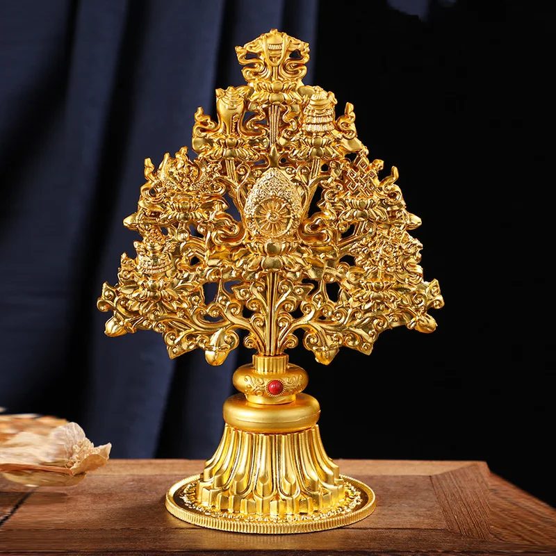 Alloy Golden Eight Auspicious Symbols Tree Statue Tibetan Buddhism Ashtamangala Tree Home Decor Wealth Lucky Ornament