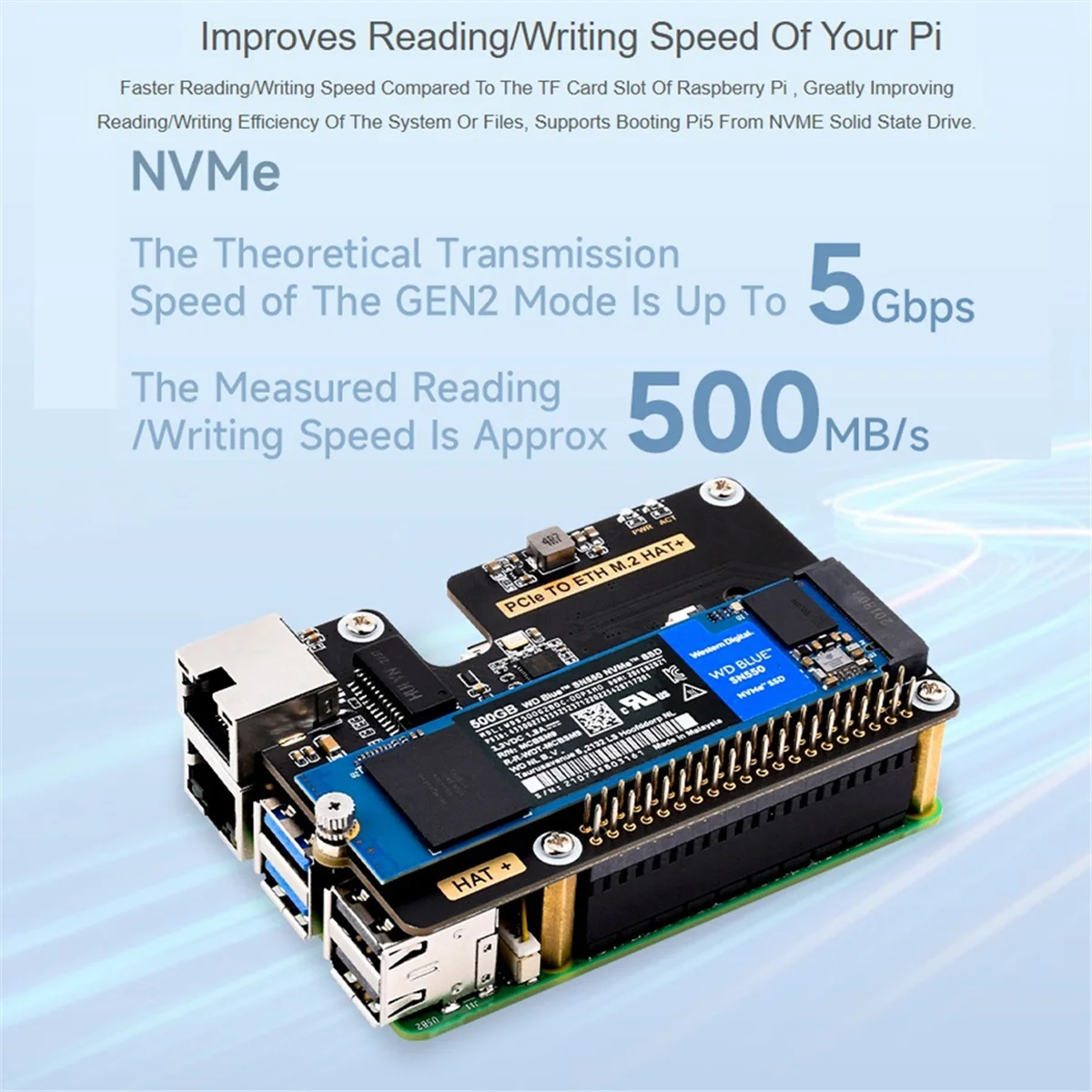 Micro-Snow Berry Pi 5 PCLE to Gigabit Ethernet /M.2 Transfer Board HAT+Standard Antioxidant Sinking Gold-Lucky