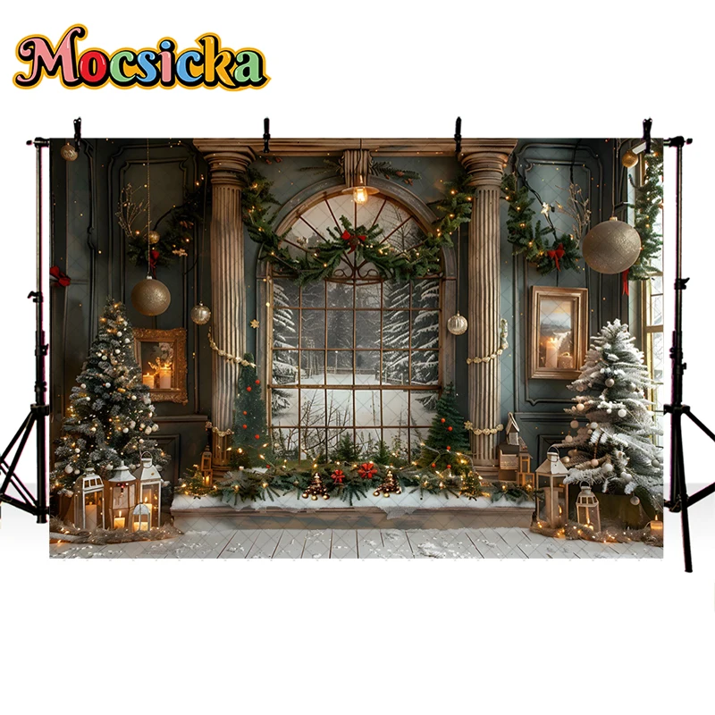 Mocsicka Indoor Christmas Window Background Photography Xmas Tree Vintage Palace Decor Kids Adult Portrait Photo Backdrop Studio