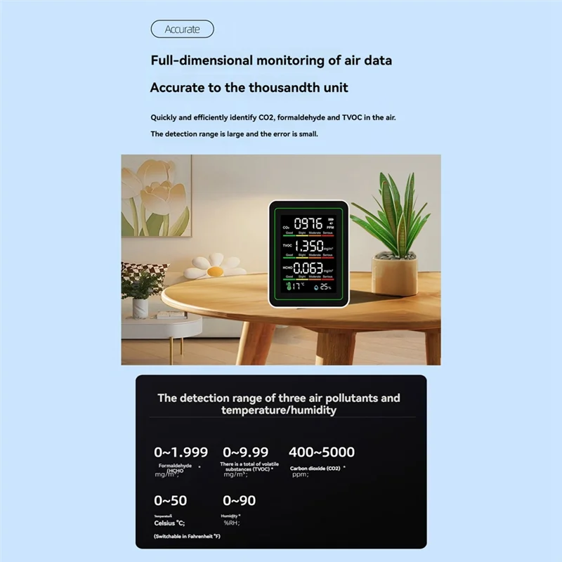 T98C-Multifunction Indoor Air Quality Monitor, CO2 Temperature Formaldehyde Humidity TVOC Detector For Rooms, Grow Tents Black