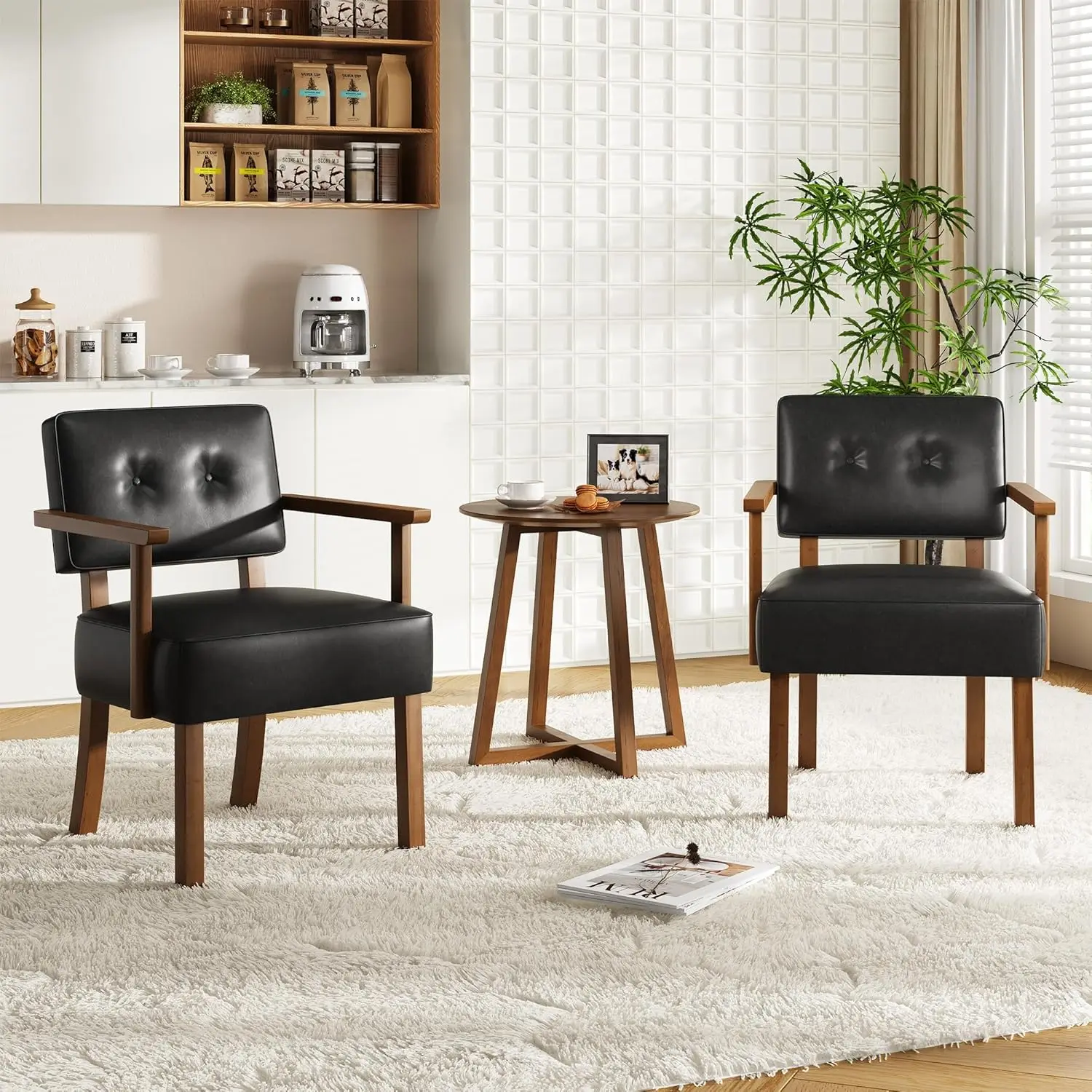 

Garvee Mid-Century Modern Accent Chair, PU Faux Leather Upholstery, Wood Frame, Vertical Stripe Back, Lounge Armchair for Living Room Bedroom, Brown or Black