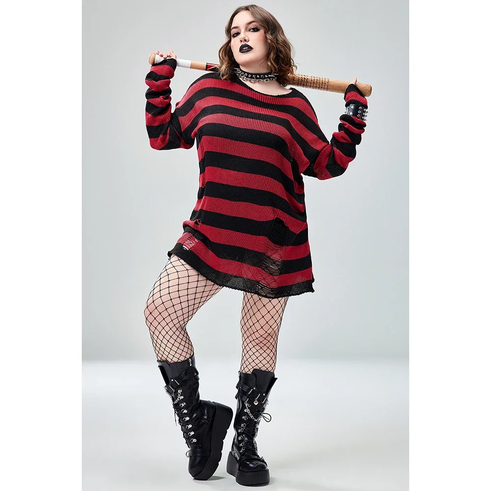 Plus Size Halloween Costume Red Gothic Crochet Round-Neck Long Sleeve Striped Sweater Fashion Mini Dress