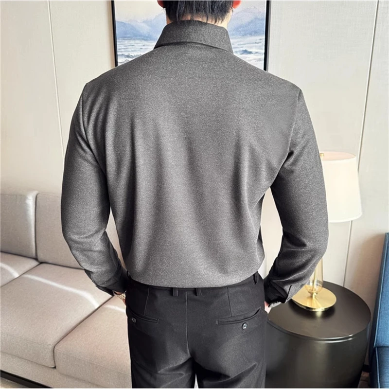 Camicia invernale in lana spessa, camicia casual di alta qualità con scollo a V da uomo senza cuciture, top da lavoro marrone