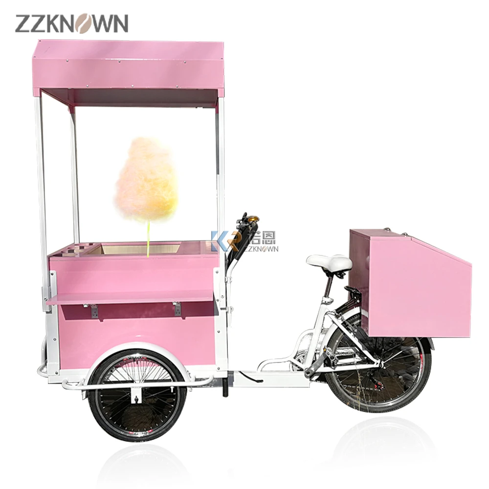 

Pink Marshmallows Mobile Sweets Carts Street Garden Cart Food Delivery Bike Ice Cream Trailer with Cotton Candy Machine for Kids