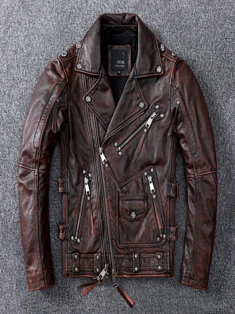 2024 Vintage Brown Motorcycle Leather Jacket Men Natural Genuine Cowhide Jackets Autumn Slim Fit Biker's Ooblique Zipper Coat