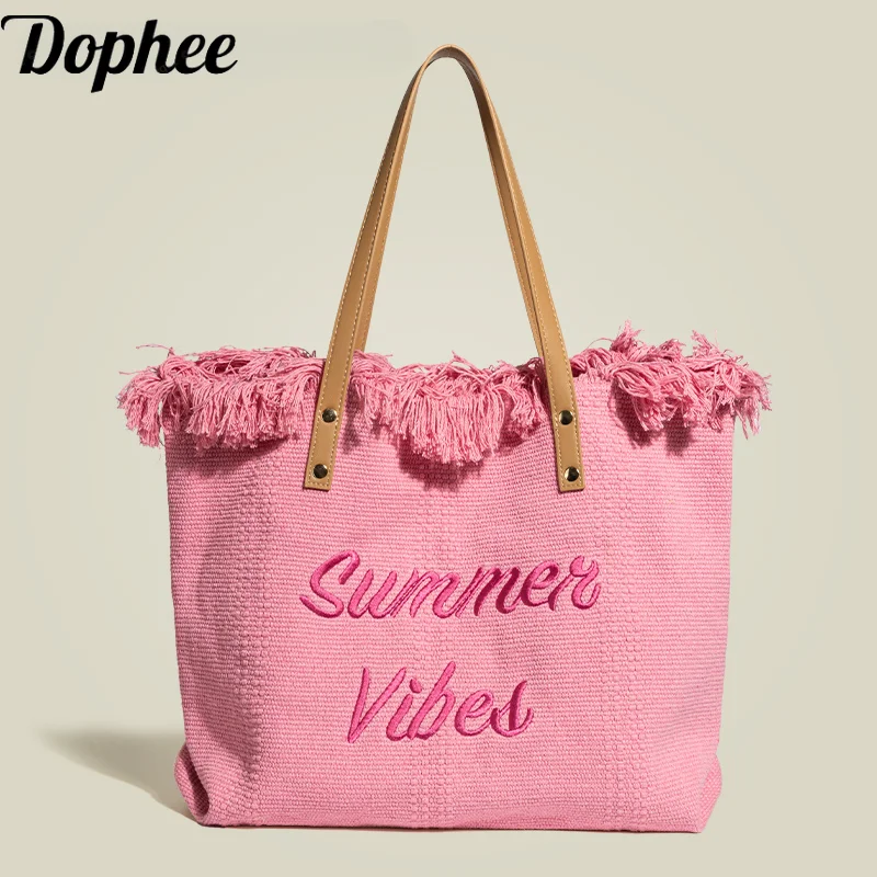 

Dophee Original Korea High-capacity Canvas Tote Bag Women New Tassel Embroidery Letters Commuting Leisure Handbag Shoulder Bags