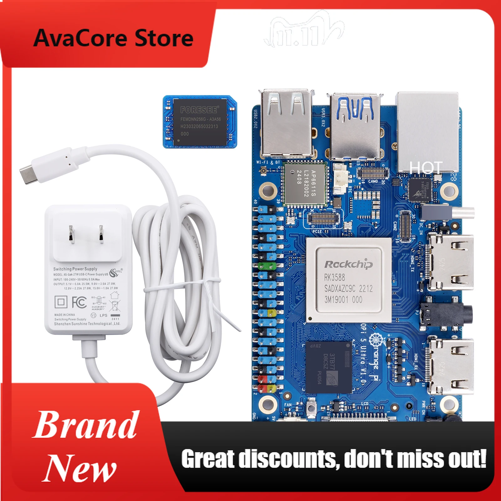 AvaCoreOrangePi5 Ultra 8GB+256GB eMMC+5V5A Type-C Power Supply Single Board Computer 3pcs Sets