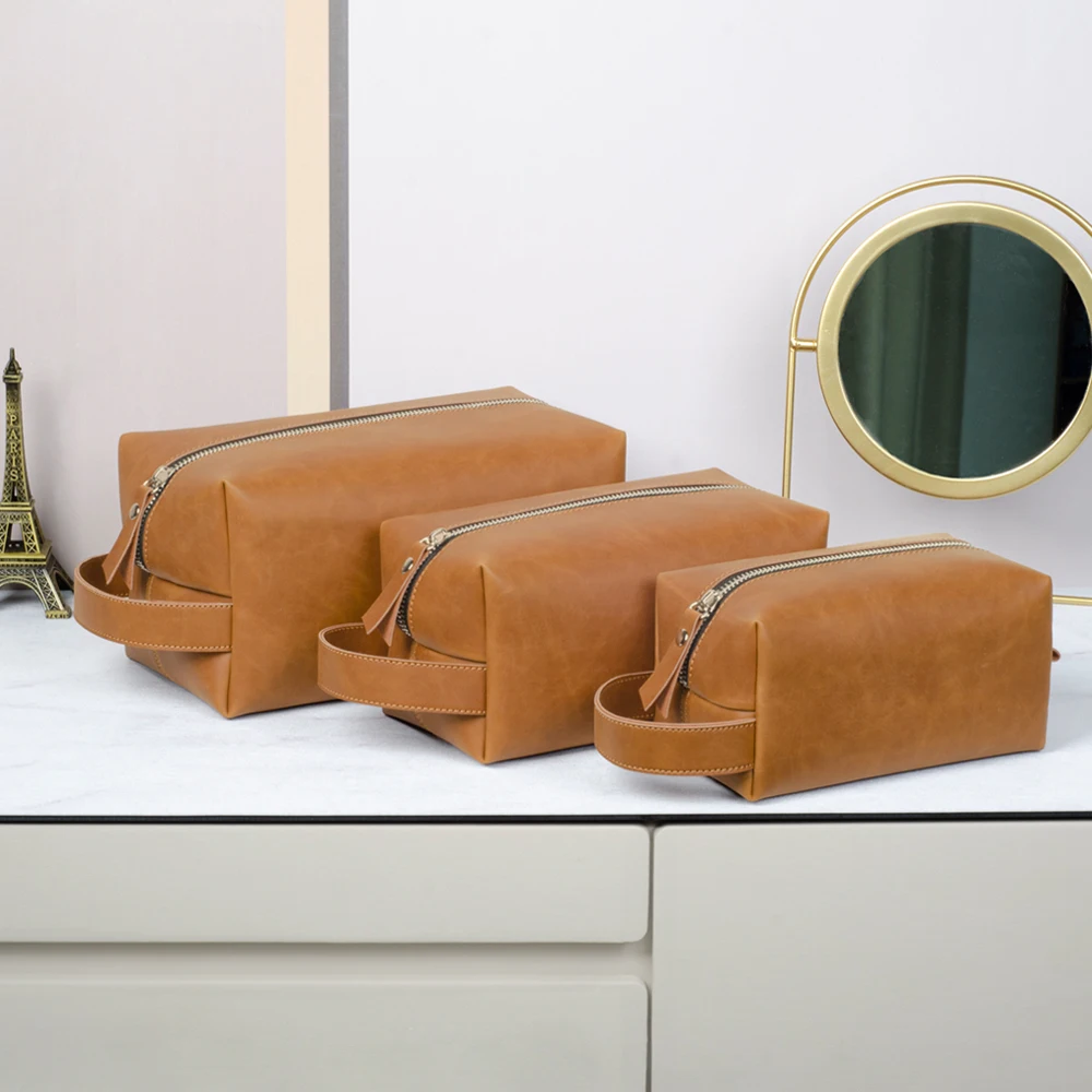 Custom Logo Business Portable Men\'S Leather Toiletry Bag Travel Dopp Kit Mens Hanging Hygiene Makeup Bag For Men Women