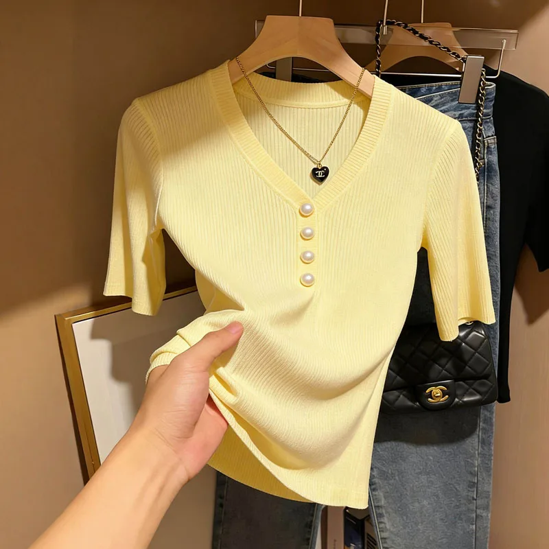 Women Clothing New Summer Knitted Sweater Women Pullovers Short Sleeve Knit Sweater Pullover Women Tops V-Neck Knitwears Q3782