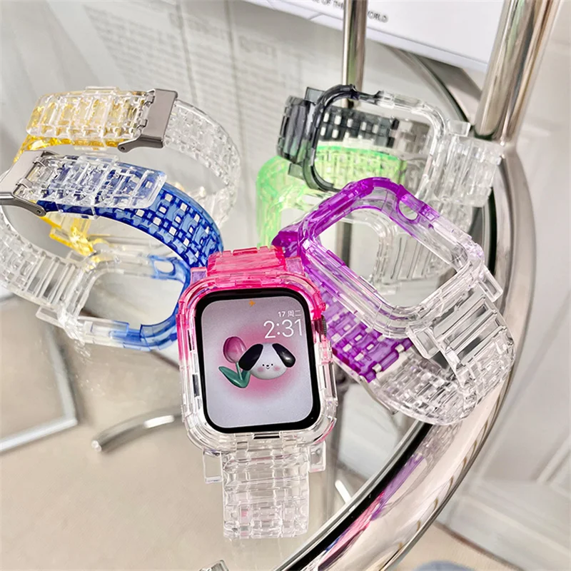 Clear Color Matching Band+Case For Apple Watch Series 8 7 6 SE 5 45mm 44 42 41 Transparent For IWatch 3 38mm 40mm Plastic Strap