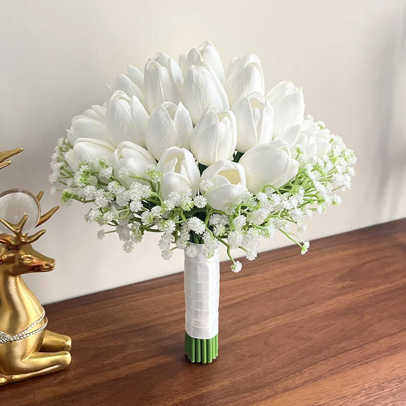 

Wedding Bride Bouquet Marriage Accessories Tulips Baby's Breath Artificial Flowers Bridal Bouquet Centerpiece Anniversary Decor