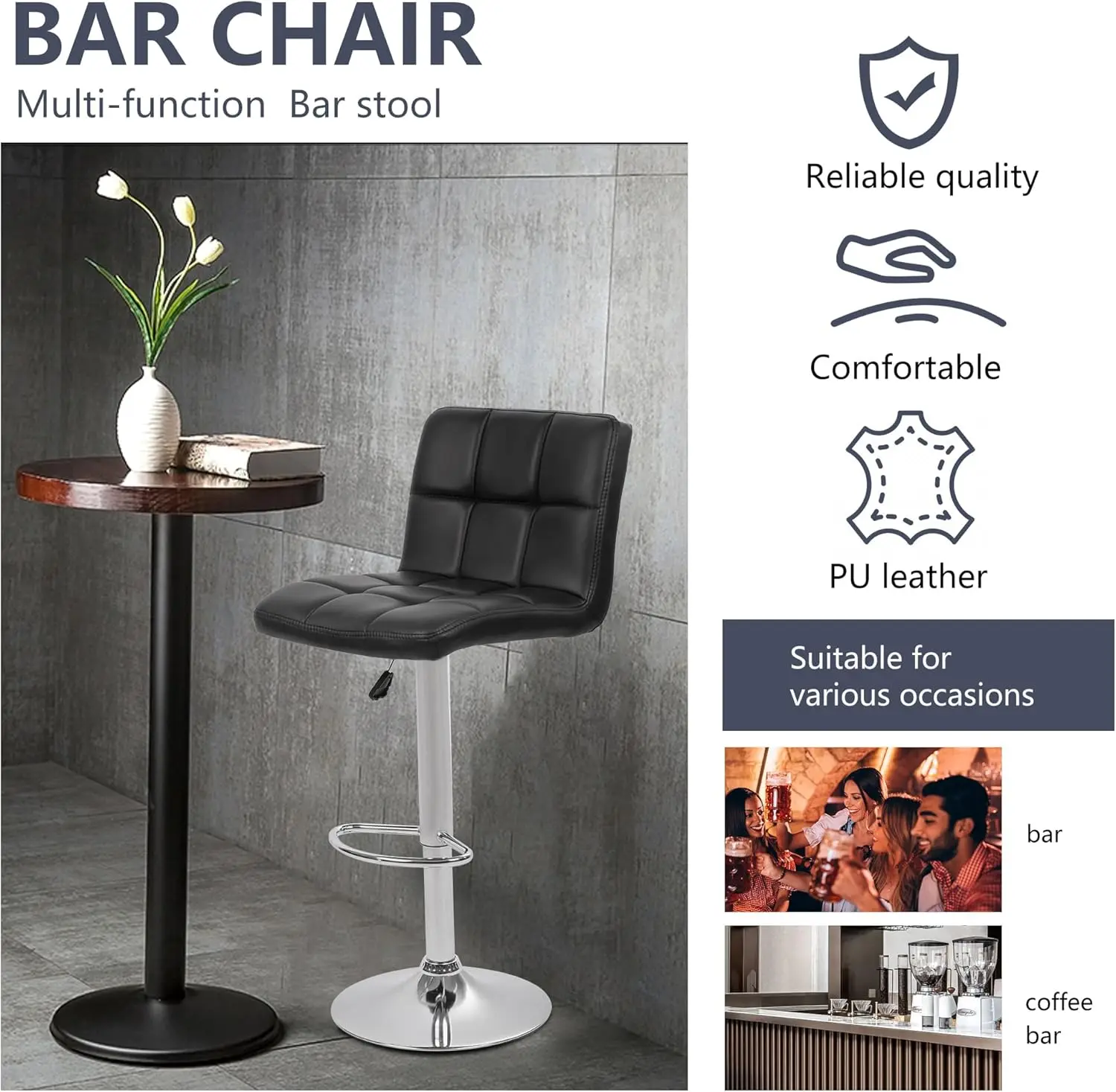 Altura regulável Swivel Bar Stool, Cadeiras de Bar, Barstools com Costas, PU Leather, Kitchen Counter, Novo, EUA