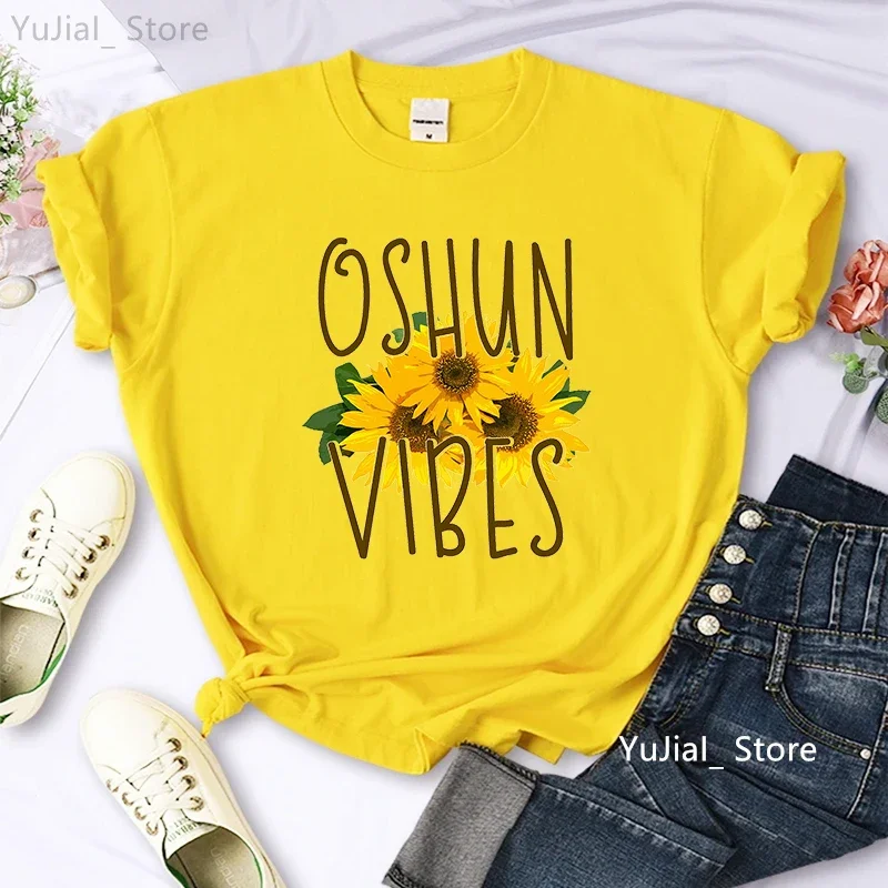 The African Goddess Oshun Vibes Sunflower Printed T Shirt Women Funny Gray/Green/Yellow/Pink/Black Tshirt Femme Harajuku Shirt