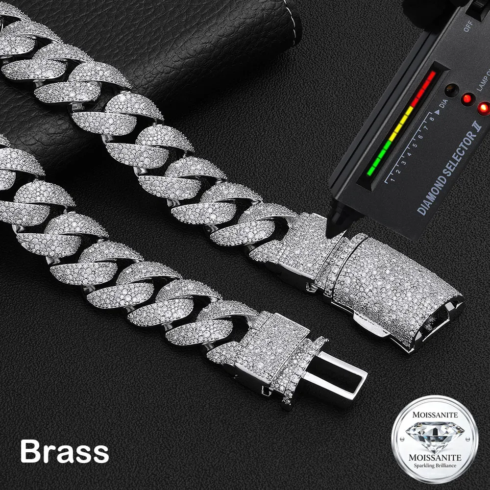 ESKEEM Luxury Jewelry Thick Cuban Link Chain Necklace Pass Diamond Tester Silver Plated Brass VVS Moissanite Gift for Men