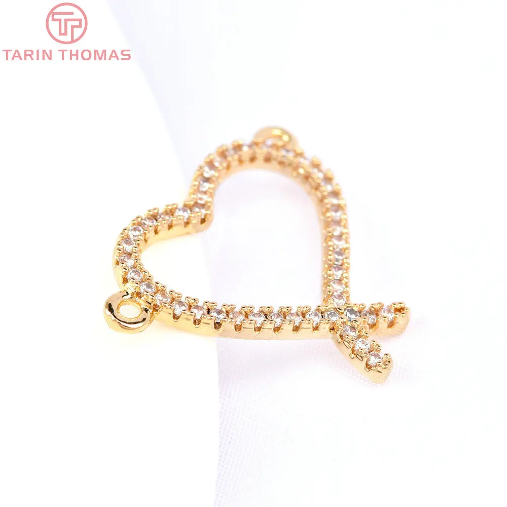 (6302) 4PCS 18x19MM 24K Gold Color Brass with Zircon Heart Charms Pendants High Quality DIY Jewelry Making Findings Wholesale