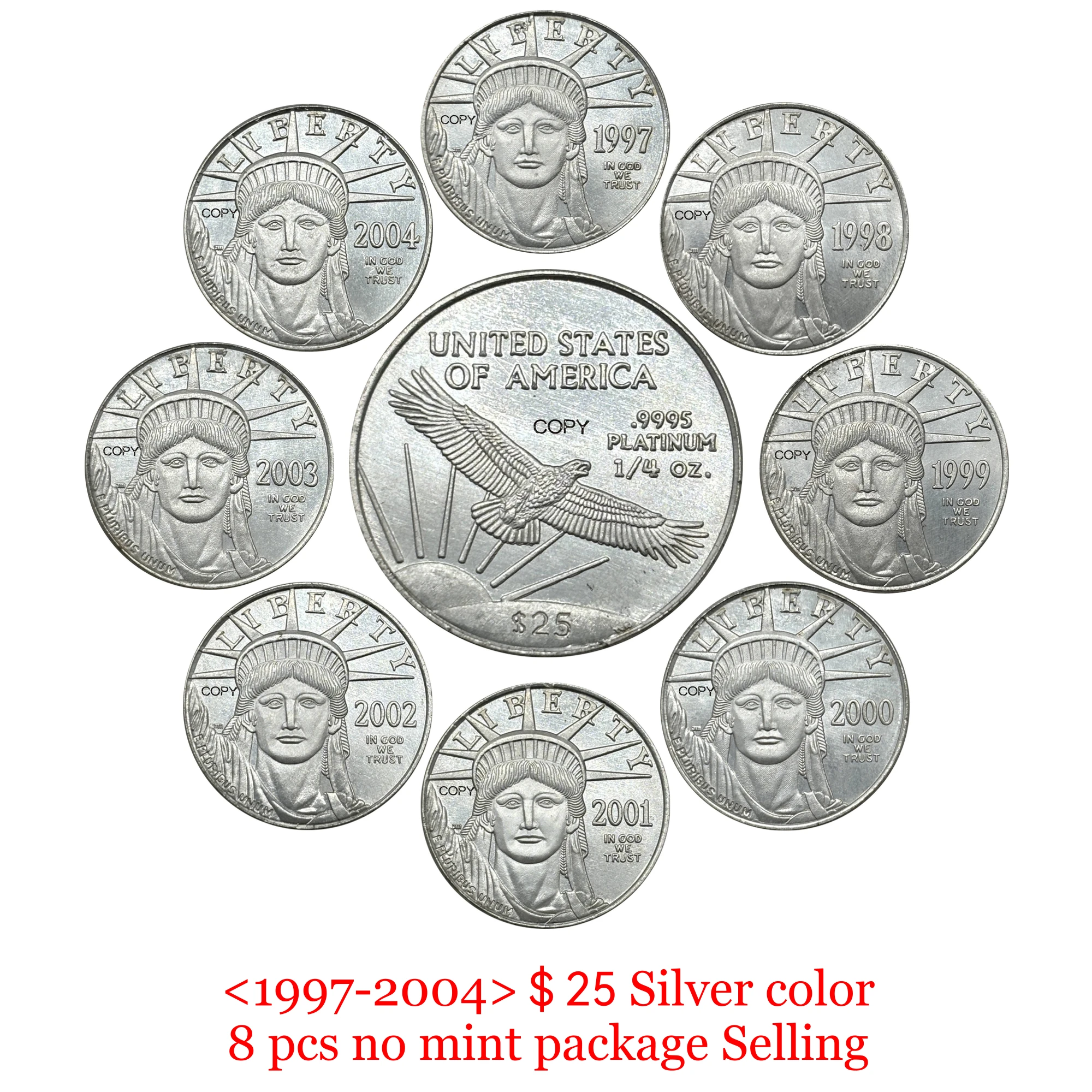 United States 1997-2004 16 pcs 25 Dollars American Platinum Eagle Silver Plated US Copy Commemorative Moneda Collectible Coins