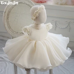 Hot Sale Kids Classic O-neck 3D Flower Princess Gown For Wedding Party Classy White Tulle Girls Dresses Piano Performance