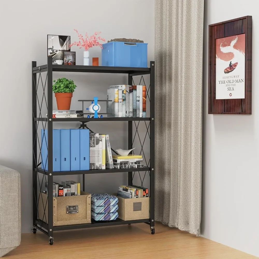 4-Tier Foldable Storage Shelf with Wheels - Metal Collapsible Shelving Unit Display, Rolling Cart for Books Kitchen Storage