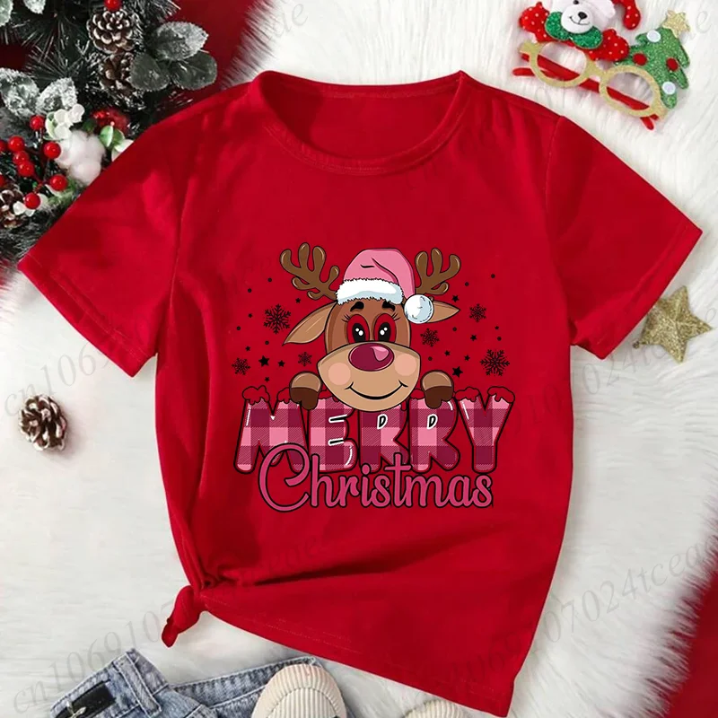 Bonito feliz natal rena impressão camisetas vermelhas para mulheres casual manga curta o-pescoço camisetas femininas festa de natal topos