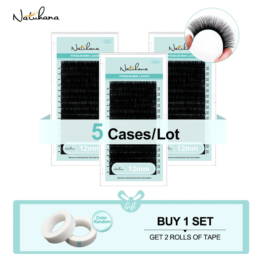NATUHANA 5 Trays/Lot 16rows Eyelash Extension Premium Matte Black Individual Mink Natural Soft  False Lashes Makeup Cilios