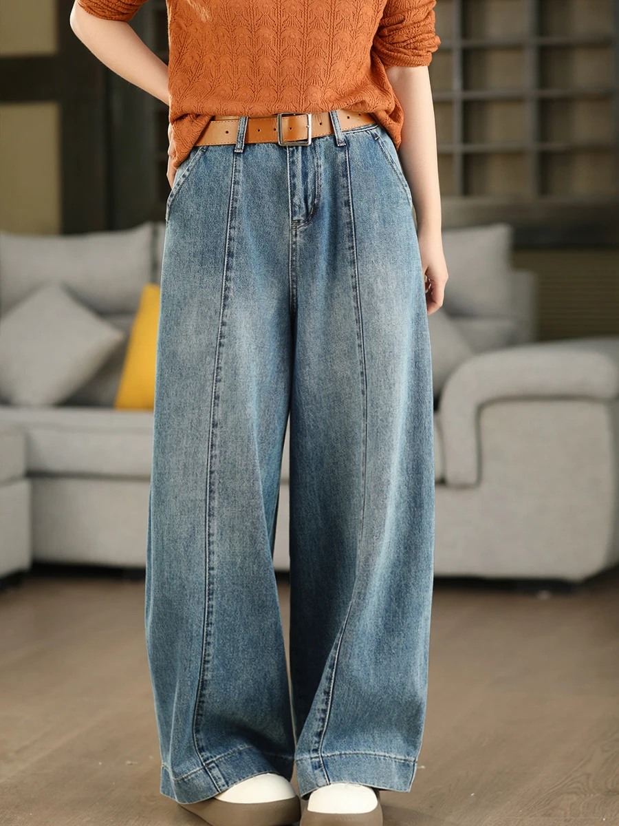 

Fashionable High-Waist Cotton Denim Pants Women's YKK Zipper Wide Leg Pants Spring Style 43 100 Cotton Scythe Pants