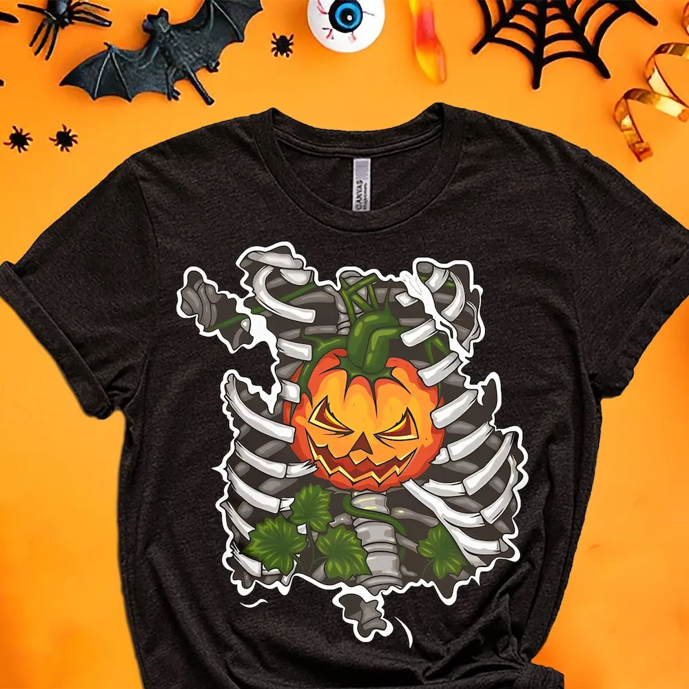 Halloween Pumpkin T Shirt Skeleton Horror