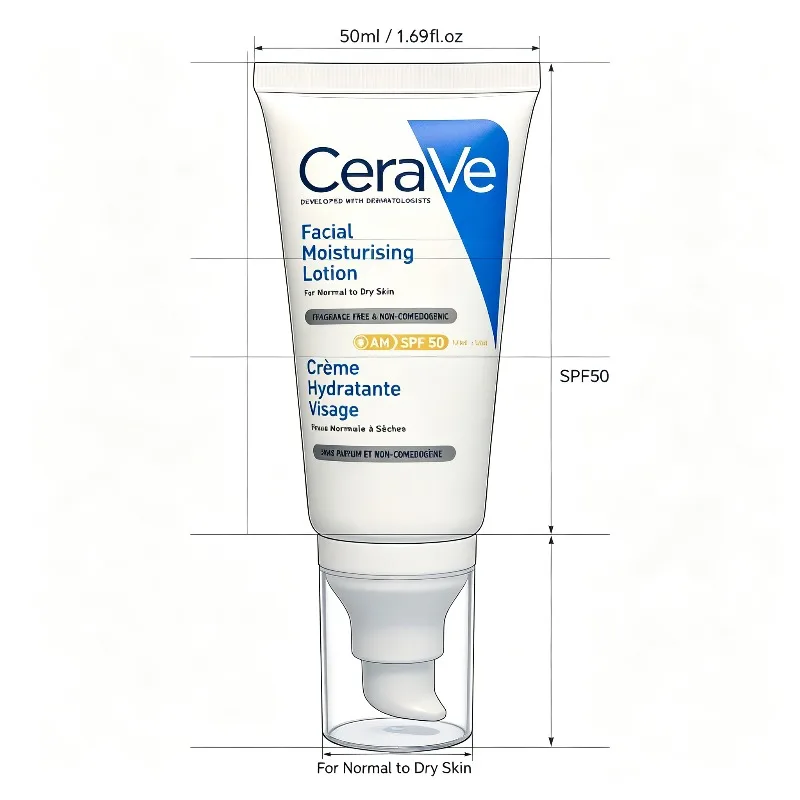 CeraVe AM Lotion SPF50 52ml, Long‑Lasting Hydrating Care for Normal and Dry Skin